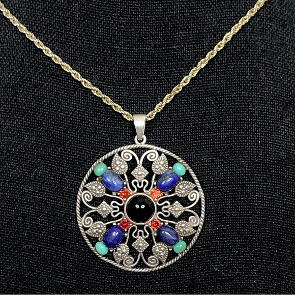 Sterling Silver Turquoise Garnet Onyx Lapis Marcasite Pendant and Rope Necklace - Picture 3 of 13
